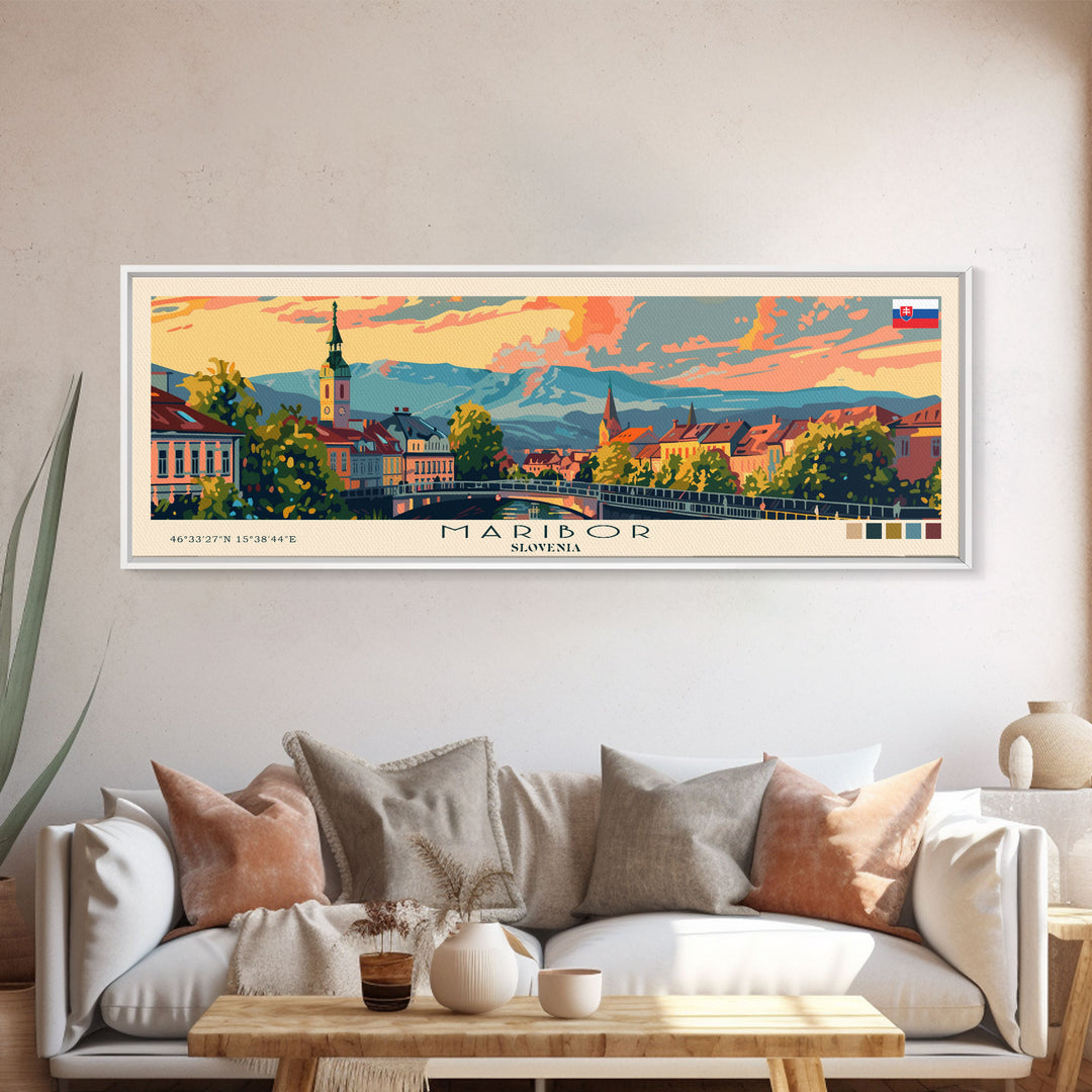 Maribor Slovenia Panoramic Travel Poster, Framed Canvas Print or Metal Wall Art, Travel Art, Home Decor, Panoramic Painting, Midcentury Art