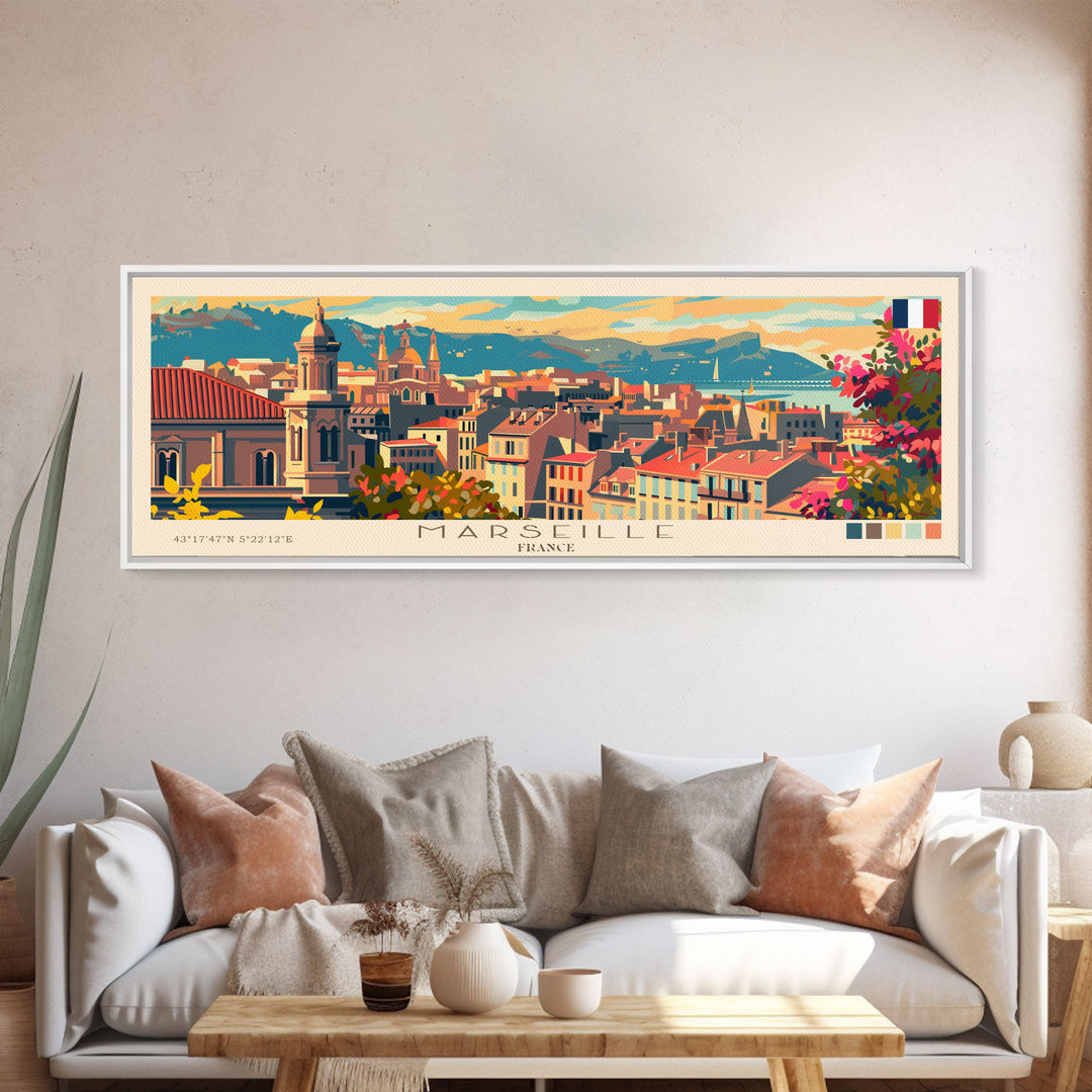 Marseille France Travel Print Wall Art, Panoramic City Art, Travel Art, Wall Decor, Vacation Gift, Framed Canvas Print Or Metal Art