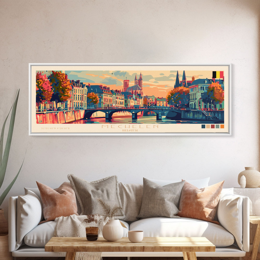 Mechelen Belgium Panoramic Travel Poster, Framed Canvas Print or Metal Wall Art, Travel Art, Home Decor, Panoramic Painting, Midcentury Art