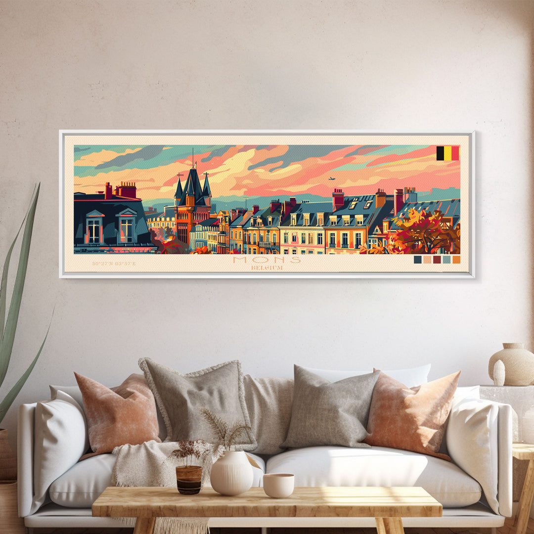 Mons Belgium Panoramic Travel Poster, Framed Canvas Print or Metal Wall Art, Travel Art, Home Decor, Panoramic Painting, Midcentury Art