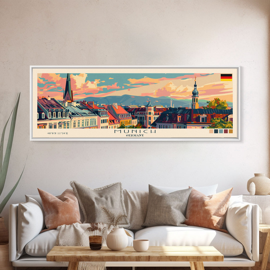 Munich Germany Wall Art, Panoramic Travel Poster, Panoramic Framed Canvas Print, City Wall Art, Wall Hanging Home Decor, Travel Art