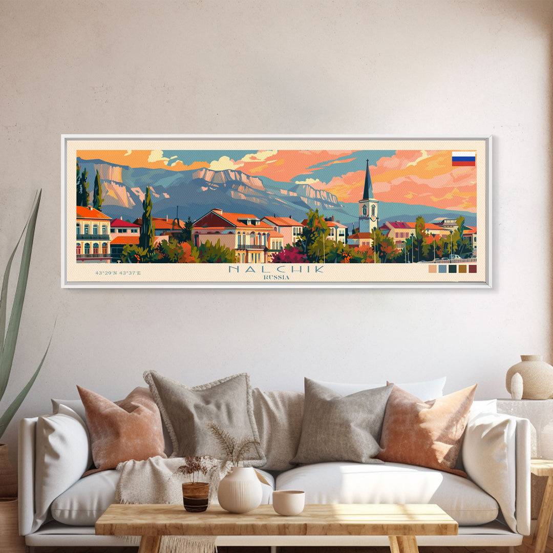 Nalchik Russia Panoramic Travel Poster, Framed Canvas Print or Metal Wall Art, Travel Art, Home Decor, Panoramic Painting, Midcentury Art