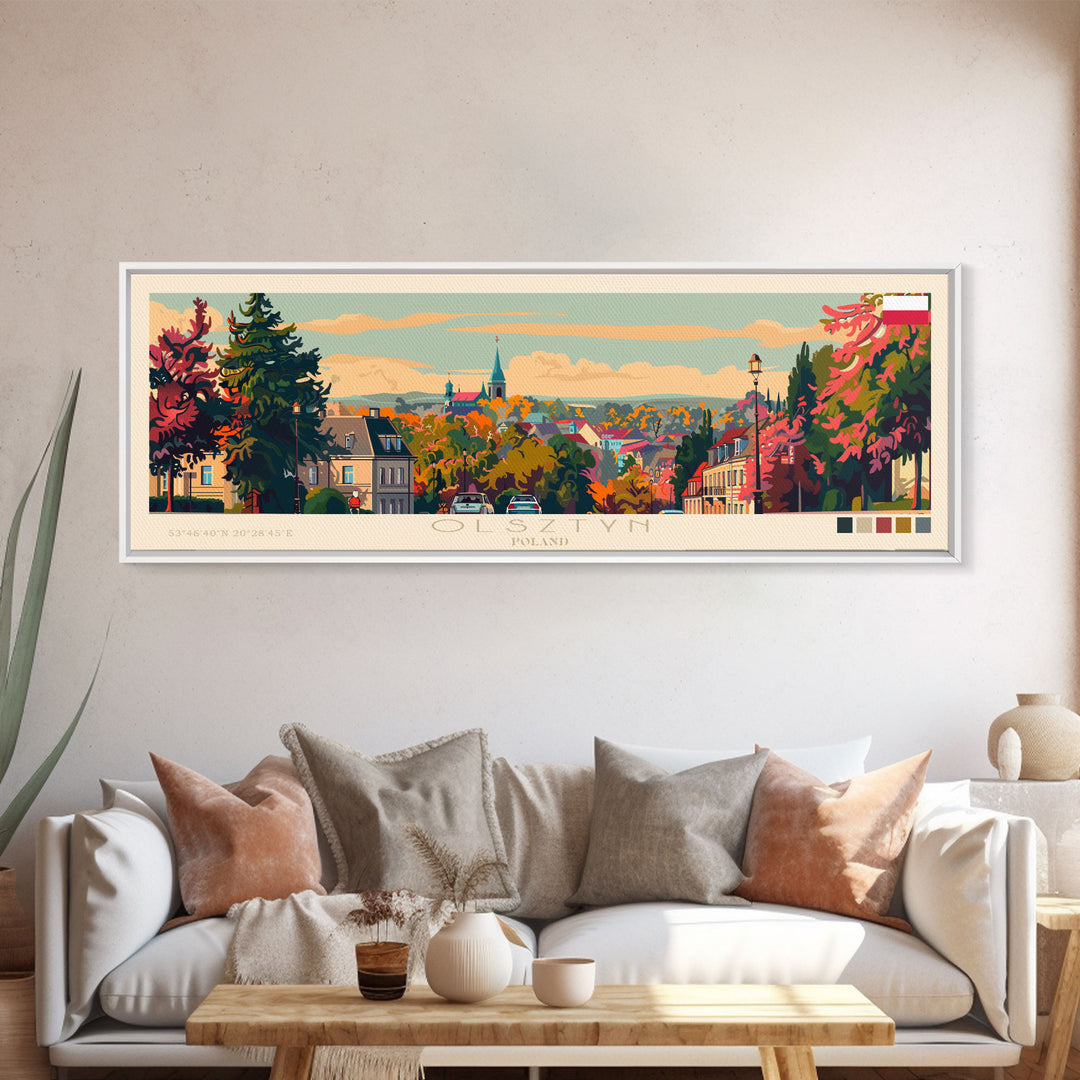 Olsztyn Poland Panoramic Travel Poster, Framed Canvas Print or Metal Wall Art, Travel Art, Home Decor, Panoramic Painting, Midcentury Art