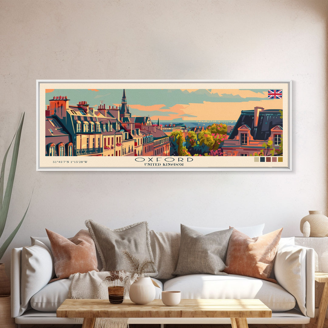 Oxford United Kingdom Panoramic Travel Poster, Framed Canvas Print or Metal Wall Art, Travel Art, Home Decor, Panoramic Painting, Midcentury Art