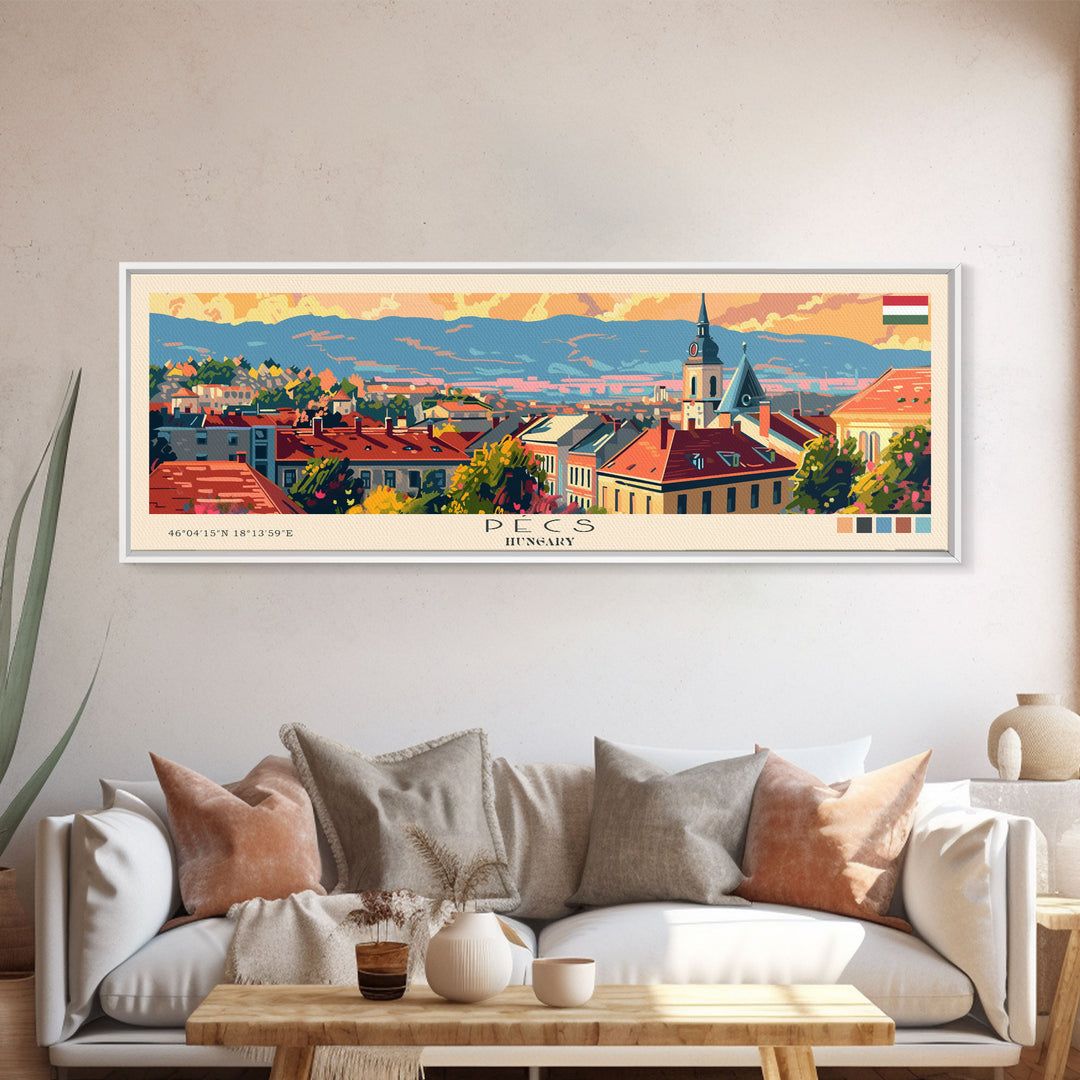 Pécs Hungary Panoramic Travel Poster, Framed Canvas Print or Metal Wall Art, Travel Art, Home Decor, Panoramic Painting, Midcentury Art