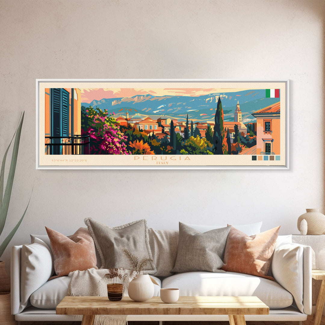 Perugia Italy Panoramic Travel Poster, Framed Canvas Print or Metal Wall Art, Travel Art, Home Decor, Panoramic Painting, Midcentury Art