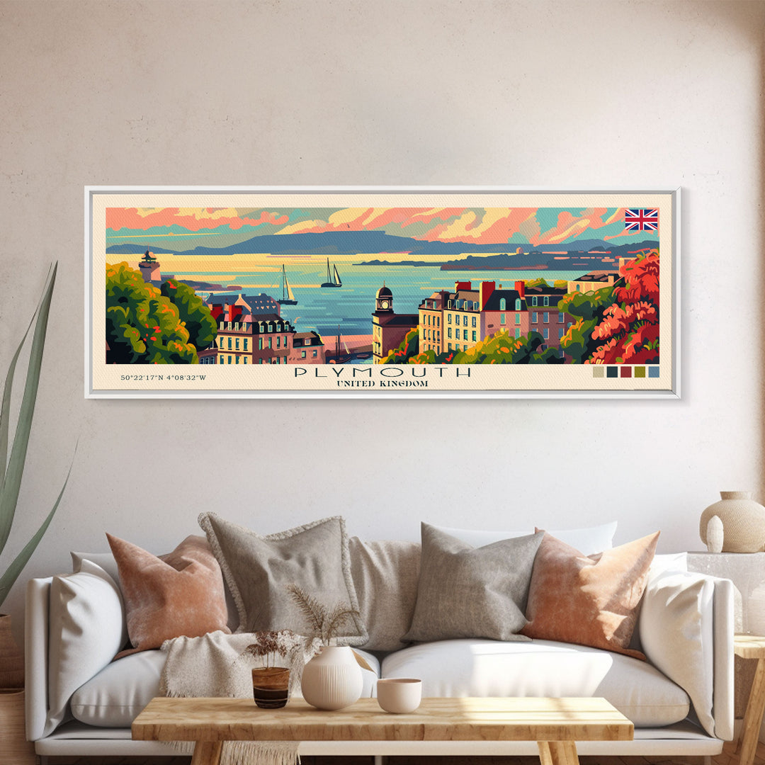 Plymouth United Kingdom Panoramic Travel Poster, Framed Canvas Print or Metal Wall Art, Travel Art, Home Decor, Panoramic Painting, Midcentury Art