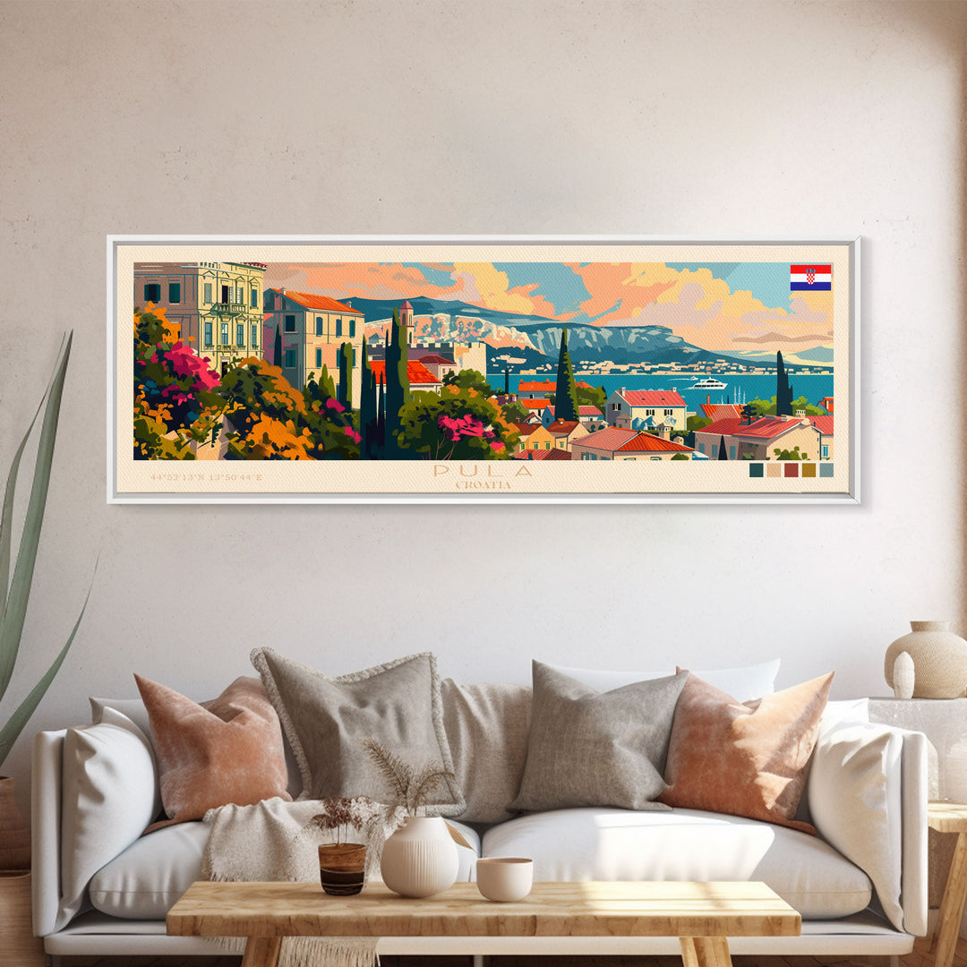 Pula Croatia Panoramic Travel Poster, Framed Canvas Print or Metal Wall Art, Travel Art, Home Decor, Panoramic Painting, Midcentury Art