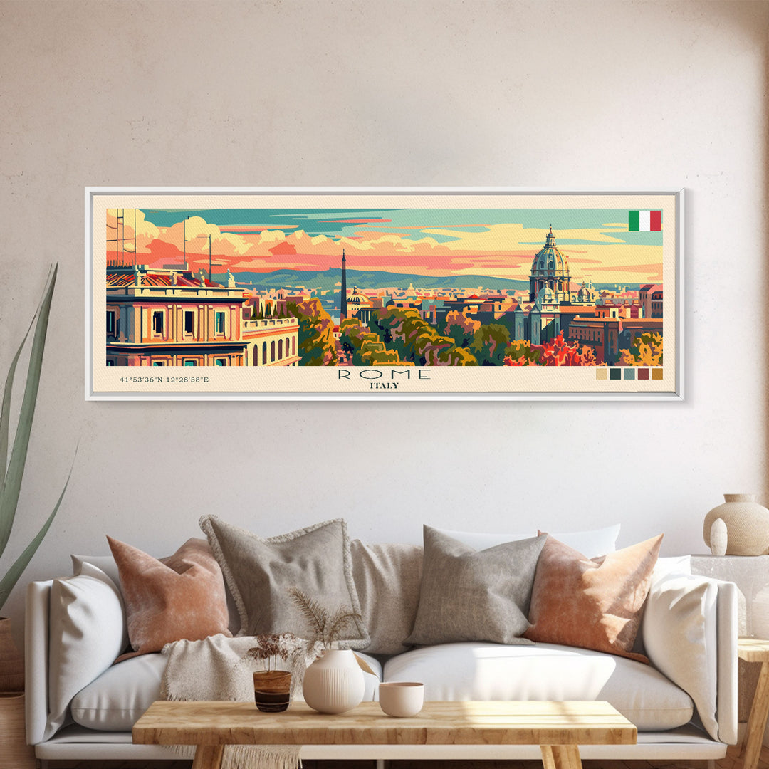 Rome Italy Travel Print Wall Art, Panoramic City Art, Travel Art, Wall Decor, Vacation Gift, Framed Canvas Print Or Metal Art