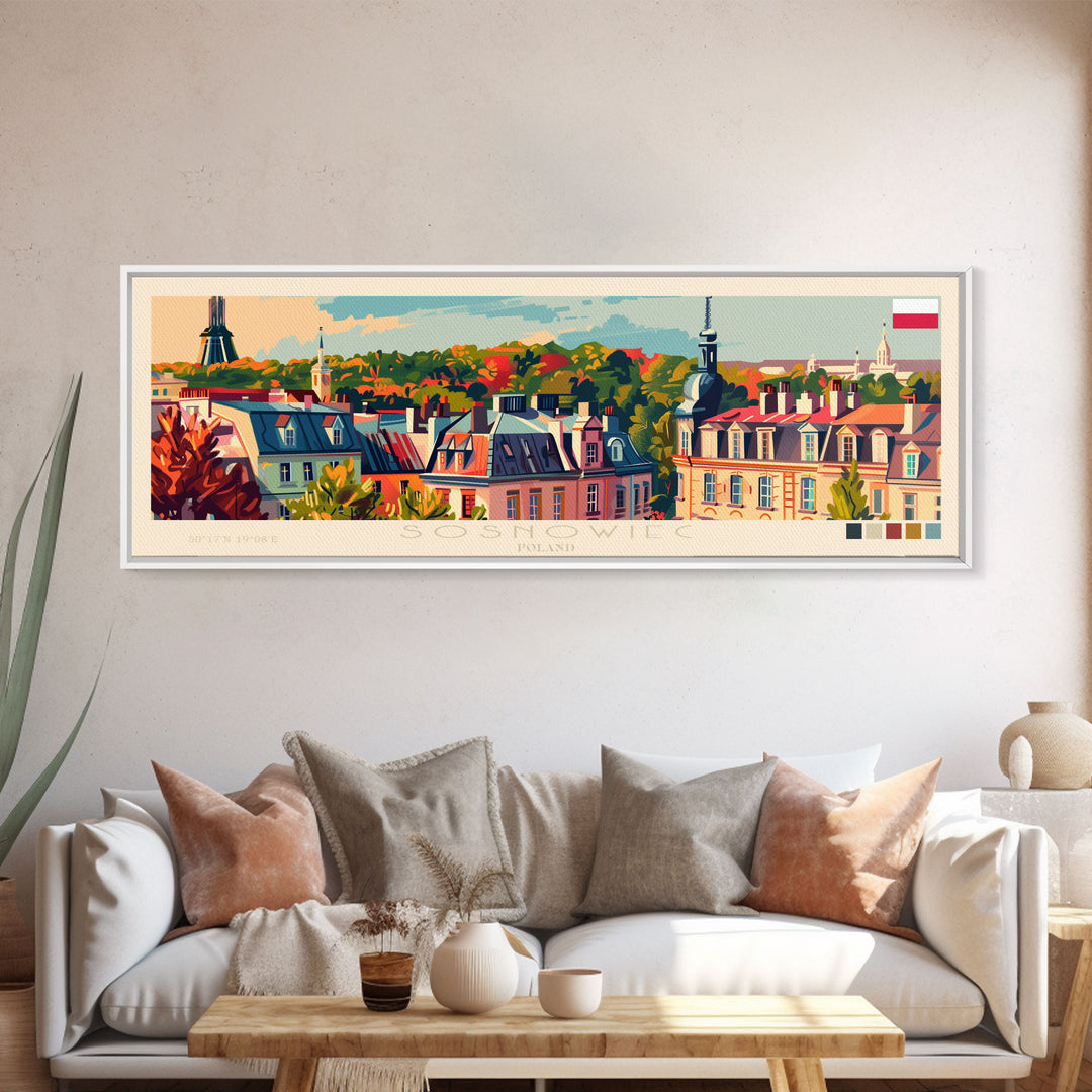 Sosnowiec Poland Panoramic Travel Poster, Framed Canvas Print or Metal Wall Art, Travel Art, Home Decor, Panoramic Painting, Midcentury Art