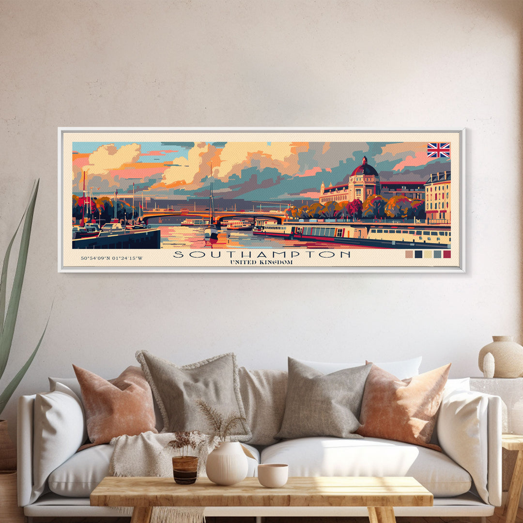 Southampton United Kingdom Wall Art, Panoramic Travel Poster, Panoramic Framed Canvas Print, City Wall Art, Wall Hanging Home Decor, Travel Art