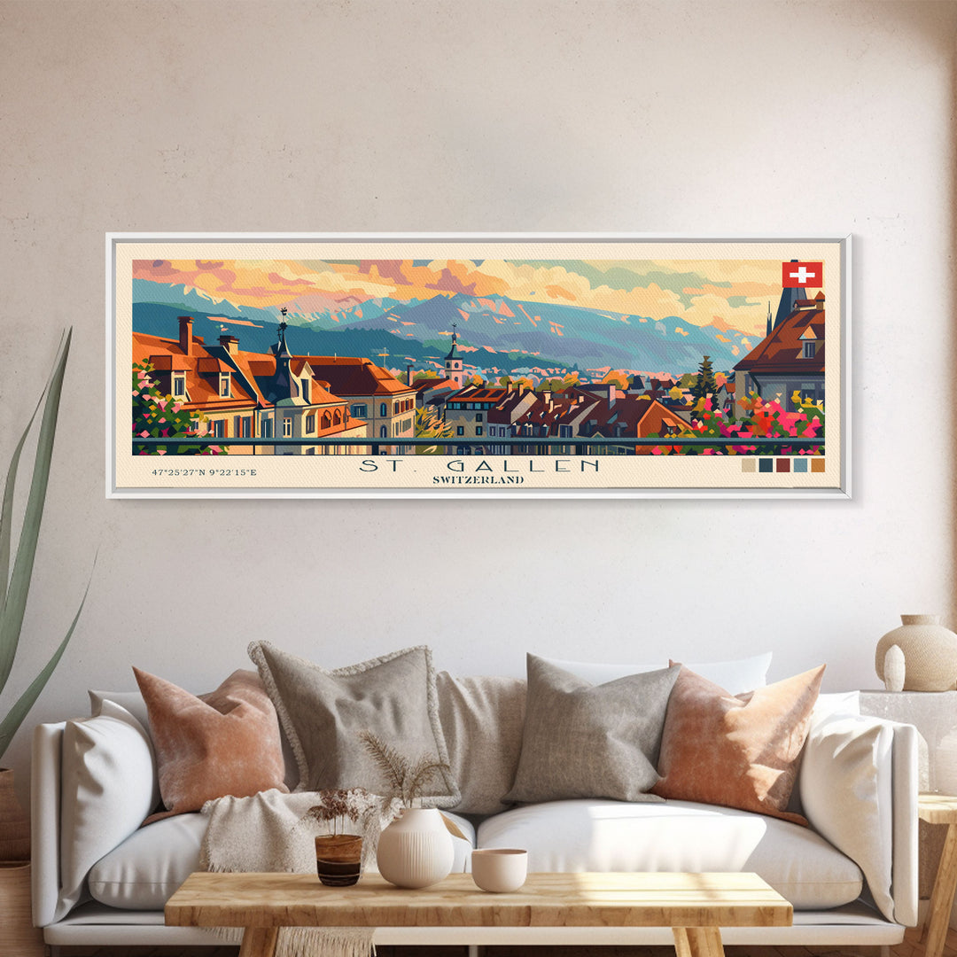 St. Gallen Switzerland Panoramic Travel Poster, Framed Canvas Print or Metal Wall Art, Travel Art, Home Decor, Panoramic Painting, Midcentury Art