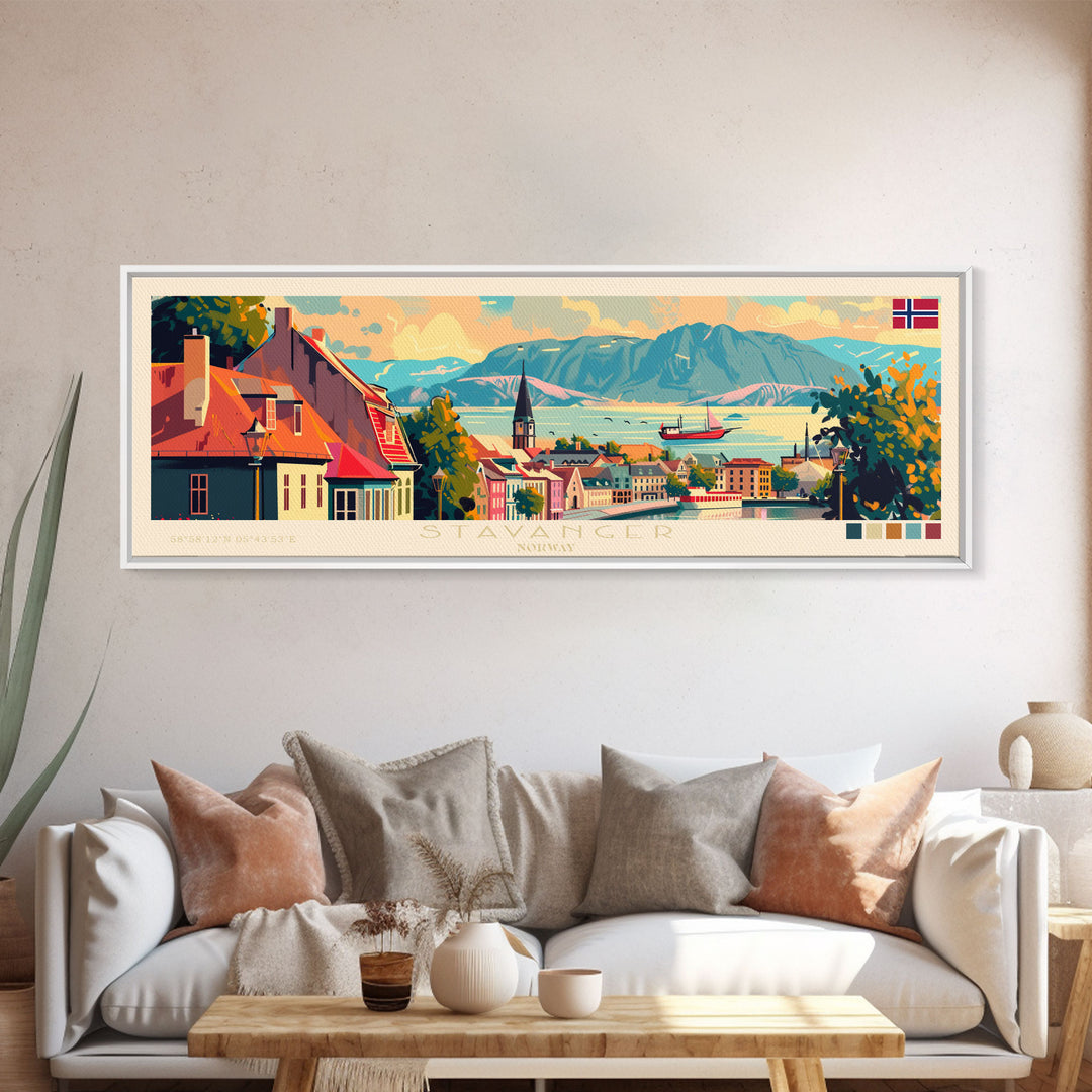 Stavanger Norway Travel Art, City Art, Framed Canvas Print or Metal Wall Art, Europe Travel Poster, Panoramic Wall Art, Extra Wide Wall Art