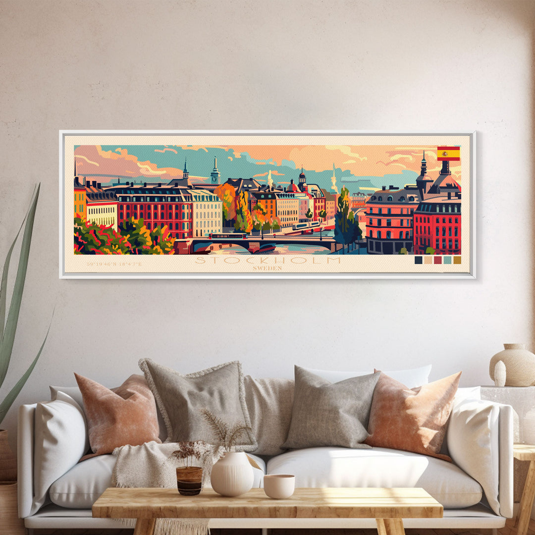 Stockholm Sweden Travel Art, City Art, Framed Canvas Print or Metal Wall Art, Europe Travel Poster, Panoramic Wall Art, Extra Wide Wall Art