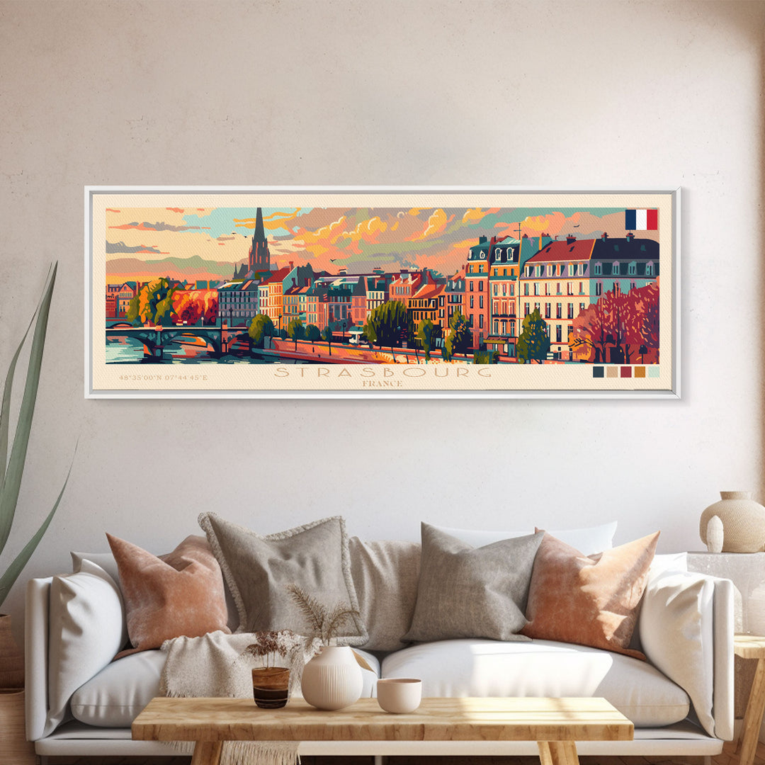 Strasbourg France Panoramic Travel Poster, Framed Canvas Print or Metal Wall Art, Travel Art, Home Decor, Panoramic Painting, Midcentury Art