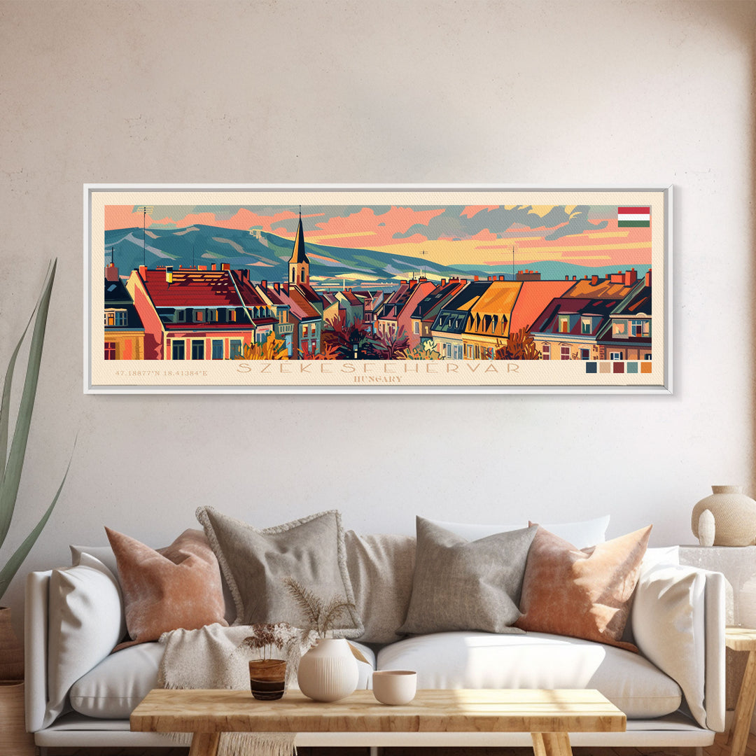 Szkesfehervar Hungary Panoramic Travel Poster, Framed Canvas Print or Metal Wall Art, Travel Art, Home Decor, Panoramic Painting, Midcentury Art