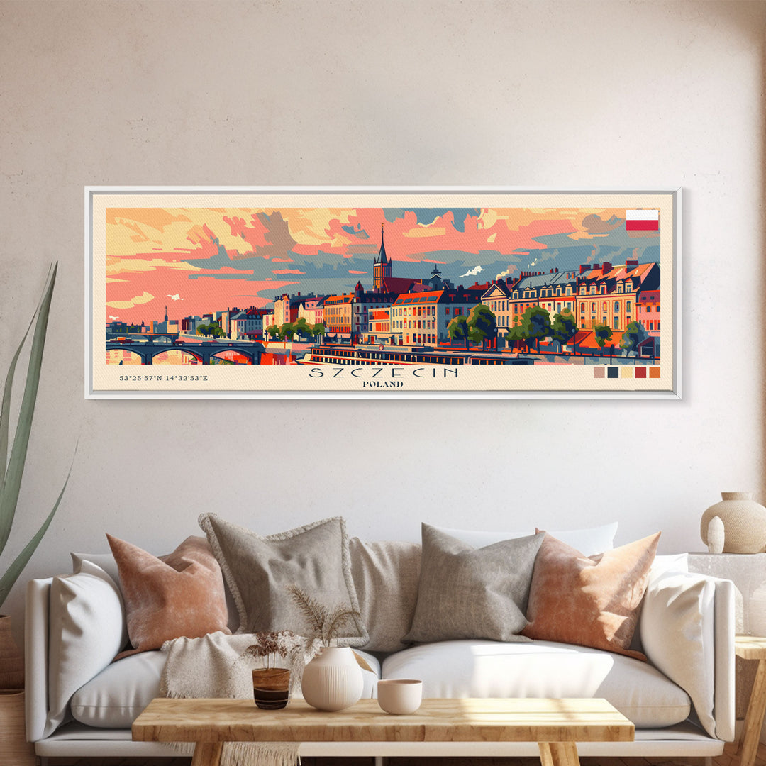 Szczecin Poland Travel Print Wall Art, Panoramic City Art, Travel Art, Wall Decor, Vacation Gift, Framed Canvas Print Or Metal Art