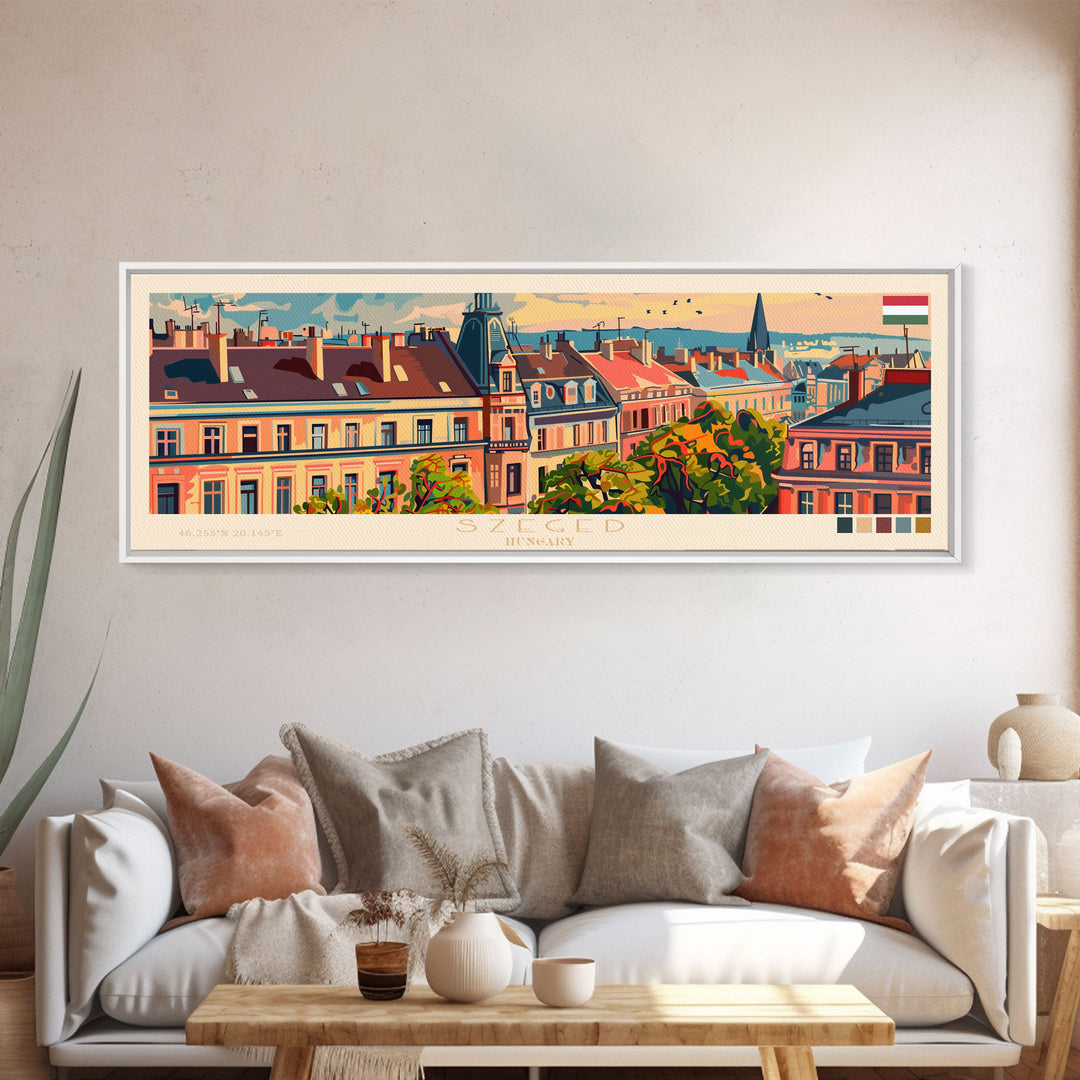 Szeged Hungary Travel Art, City Art, Framed Canvas Print or Metal Wall Art, Europe Travel Poster, Panoramic Wall Art, Extra Wide Wall Art