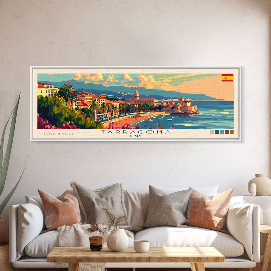 Tarragona Spain Panoramic Travel Poster, Framed Canvas Print or Metal Wall Art, Travel Art, Home Decor, Panoramic Painting, Midcentury Art