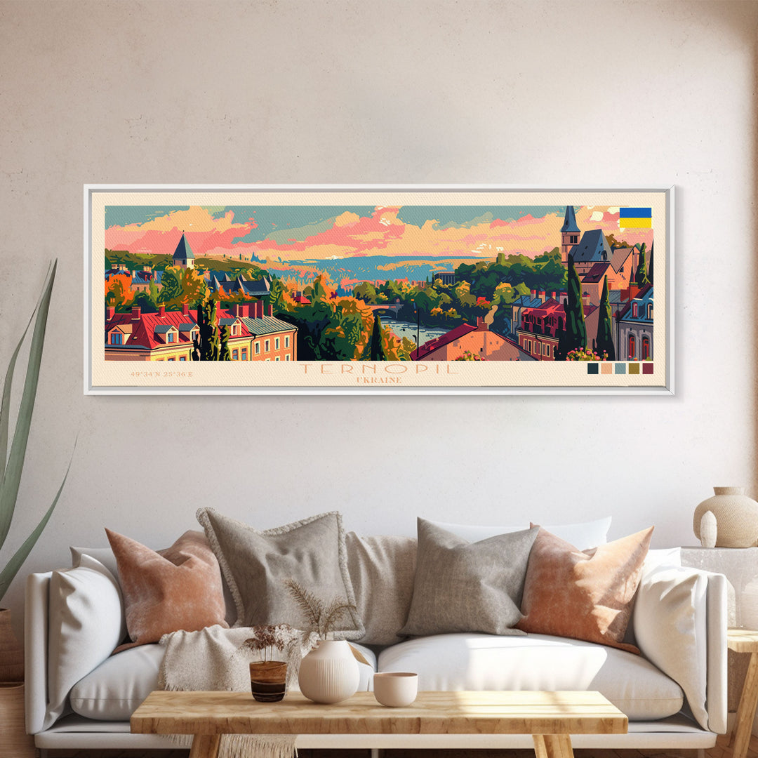 Ternopil Ukraine Panoramic Travel Poster, Framed Canvas Print or Metal Wall Art, Travel Art, Home Decor, Panoramic Painting, Midcentury Art