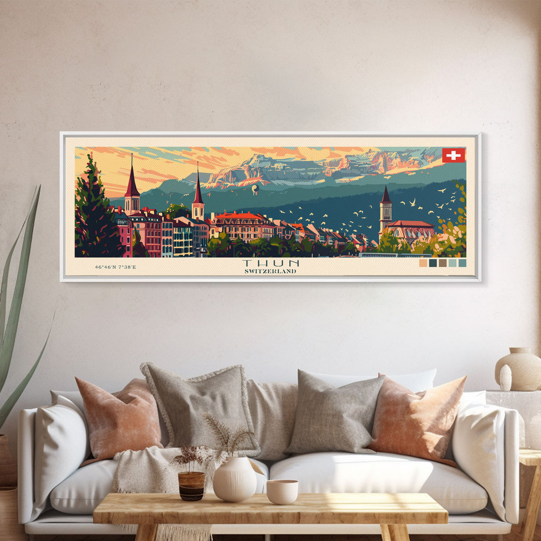 Thun Switzerland Panoramic Travel Poster, Framed Canvas Print or Metal Wall Art, Travel Art, Home Decor, Panoramic Painting, Midcentury Art