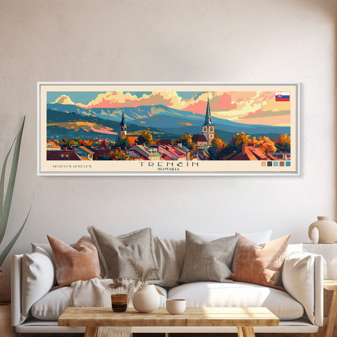 Trencin Slovakia Travel Art, City Art, Framed Canvas Print or Metal Wall Art, Europe Travel Poster, Panoramic Wall Art, Extra Wide Wall Art