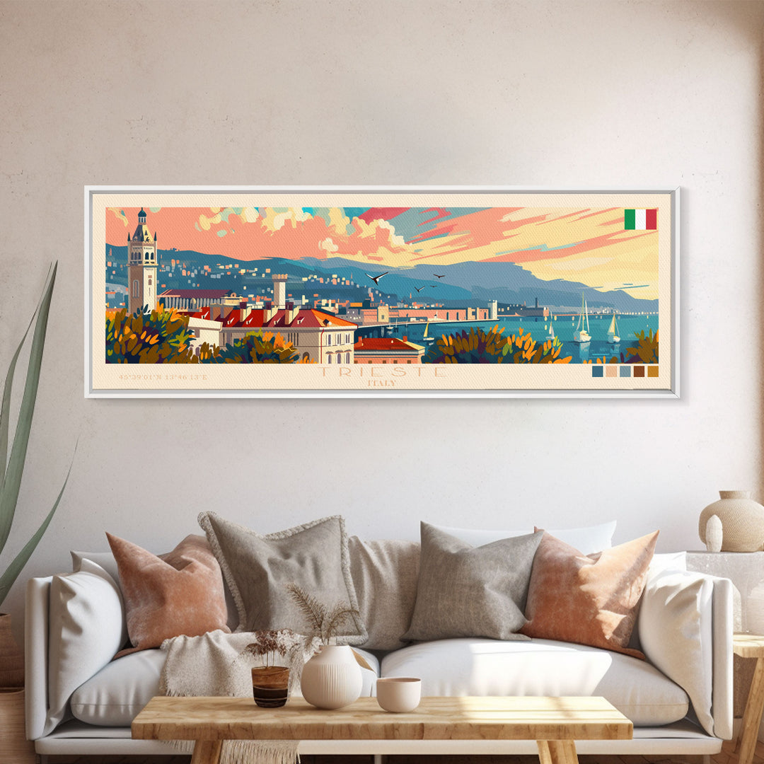 Trieste Italy Panoramic Travel Poster, Framed Canvas Print or Metal Wall Art, Travel Art, Home Decor, Panoramic Painting, Midcentury Art