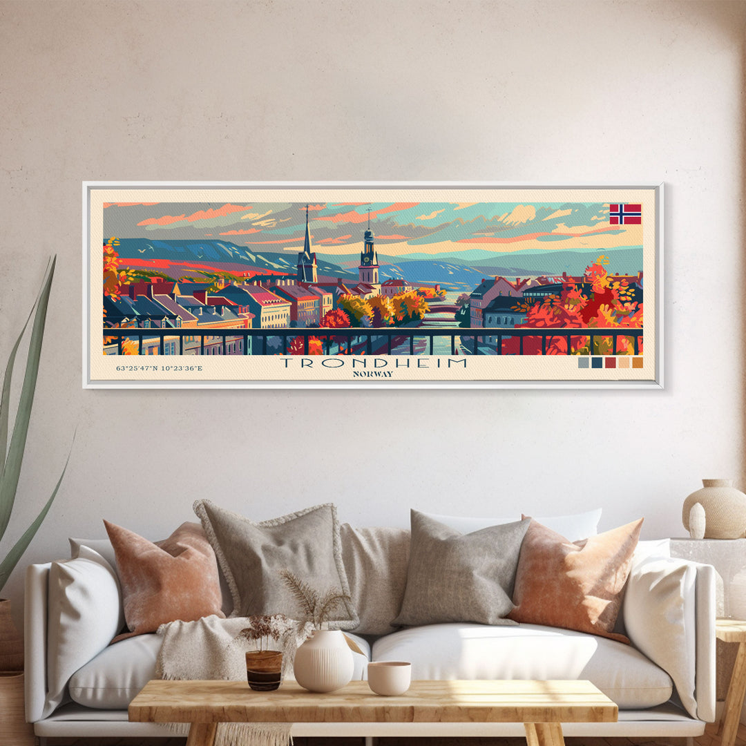 Trondheim Norway Travel Print Wall Art, Panoramic City Art, Travel Art, Wall Decor, Vacation Gift, Framed Canvas Print Or Metal Art