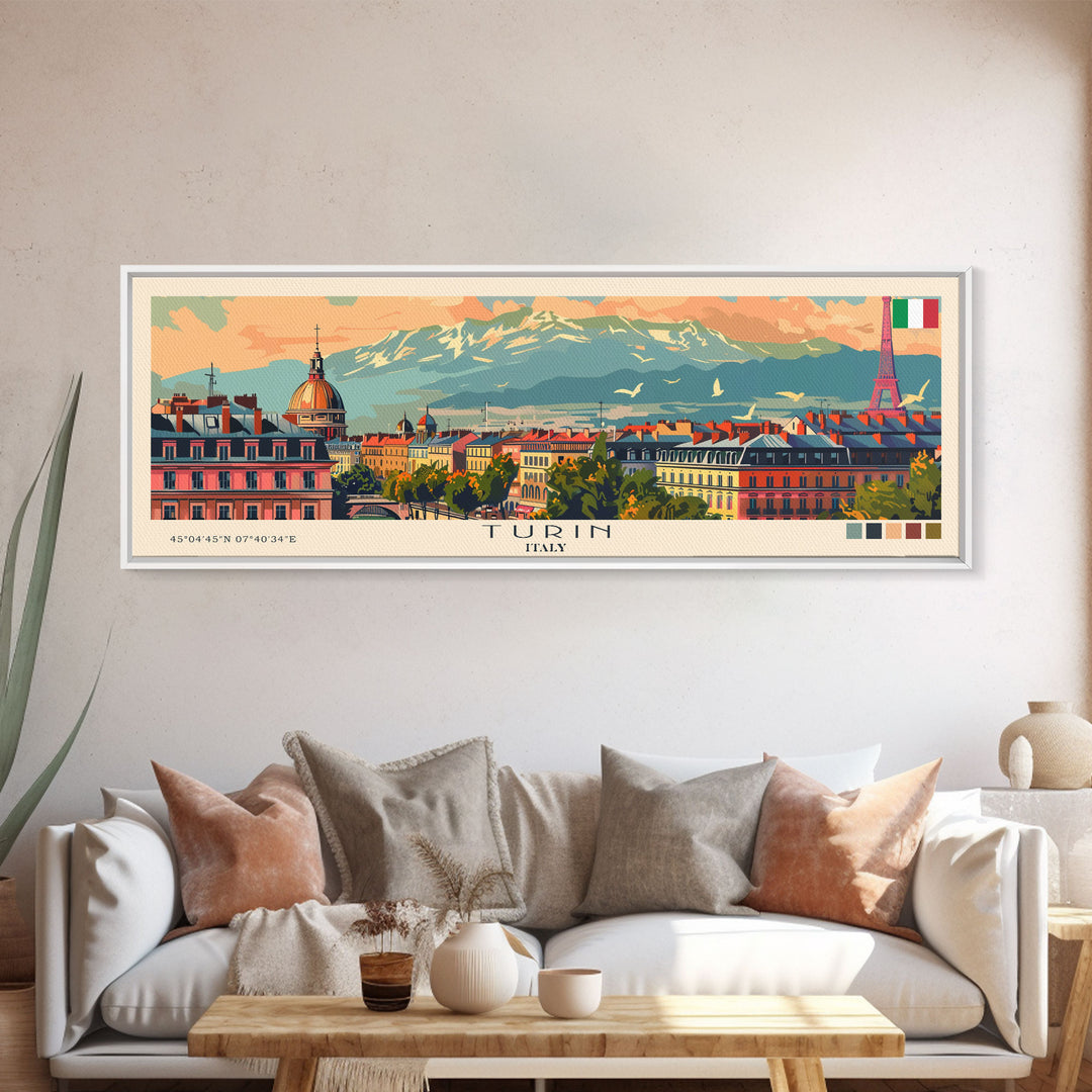 Turin Italy Panoramic Travel Poster, Framed Canvas Print or Metal Wall Art, Travel Art, Home Decor, Panoramic Painting, Midcentury Art