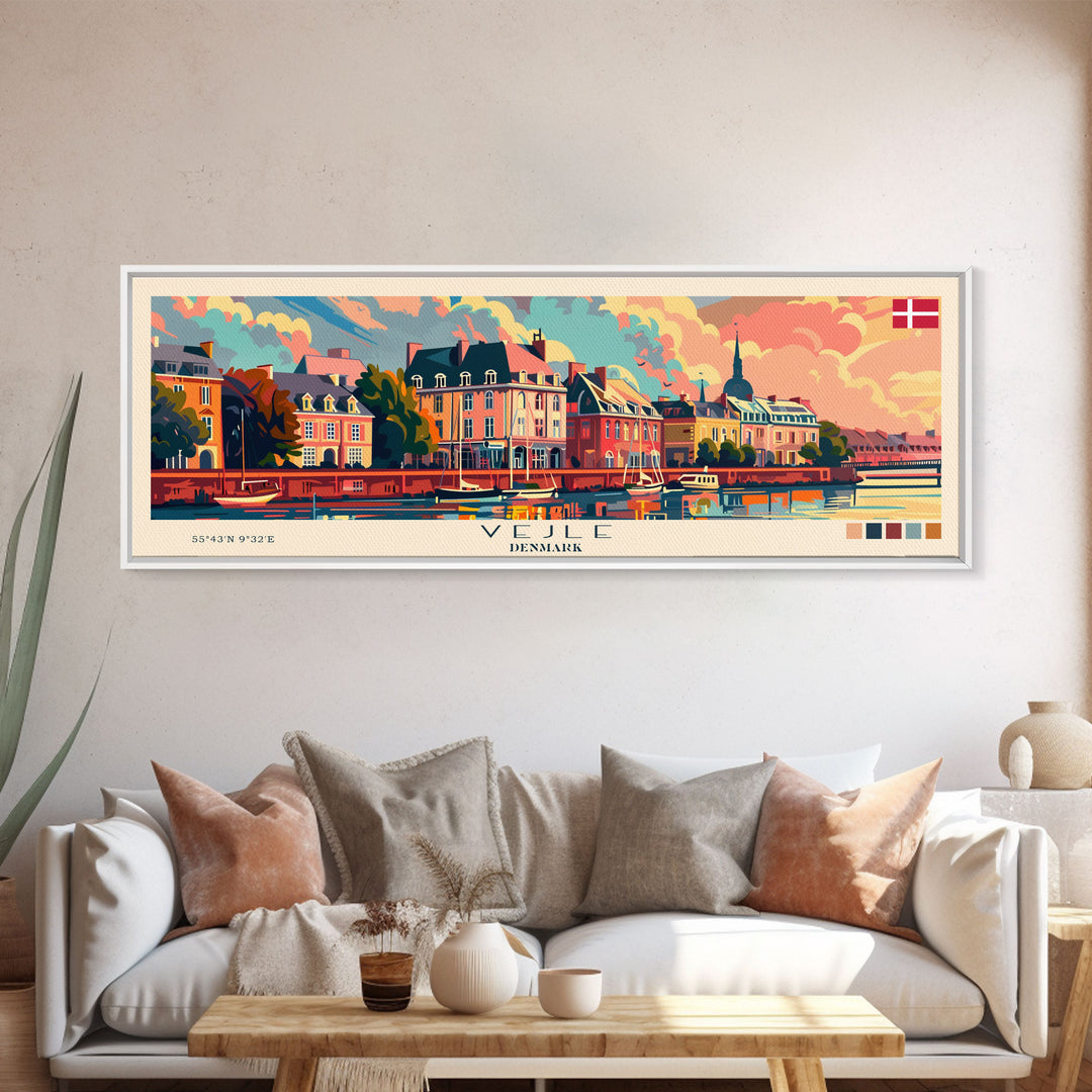 Vejle Denmark Travel Art, City Art, Framed Canvas Print or Metal Wall Art, Europe Travel Poster, Panoramic Wall Art, Extra Wide Wall Art