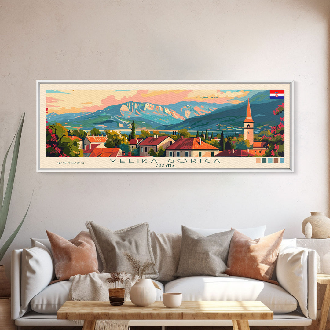 Velika Gorica Croatia Panoramic Travel Poster, Framed Canvas Print or Metal Wall Art, Travel Art, Home Decor, Panoramic Painting, Midcentury Art