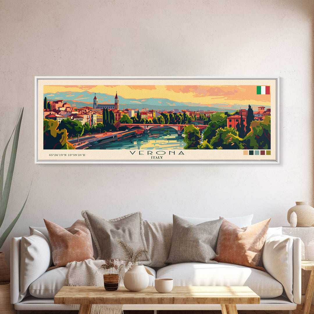 Verona Italy Travel Art, City Art, Framed Canvas Print or Metal Wall Art, Europe Travel Poster, Panoramic Wall Art, Extra Wide Wall Art