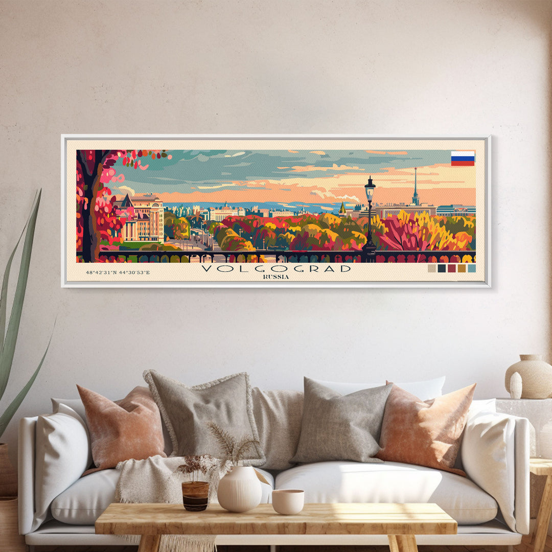 Volgograd Russia Panoramic Travel Poster, Framed Canvas Print or Metal Wall Art, Travel Art, Home Decor, Panoramic Painting, Midcentury Art