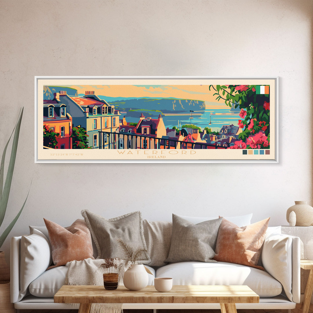 Waterford Ireland Panoramic Travel Poster, Framed Canvas Print or Metal Wall Art, Travel Art, Home Decor, Panoramic Painting, Midcentury Art