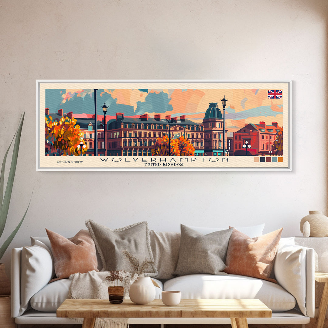 Wolverhampton United Kingdom Panoramic Travel Poster, Framed Canvas Print or Metal Wall Art, Travel Art, Home Decor, Panoramic Painting, Midcentury Art