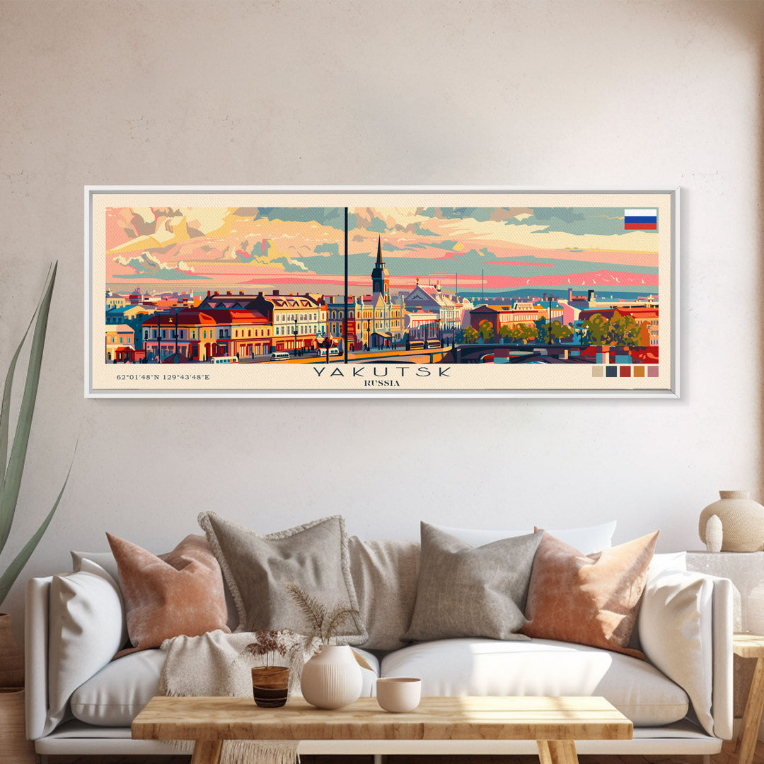 Yakutsk Russia Panoramic Travel Poster, Framed Canvas Print or Metal Wall Art, Travel Art, Home Decor, Panoramic Painting, Midcentury Art