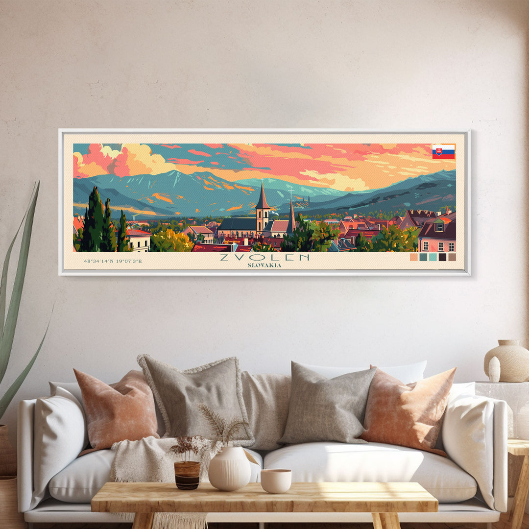 Zvolen Slovakia Panoramic Travel Poster, Framed Canvas Print or Metal Wall Art, Travel Art, Home Decor, Panoramic Painting, Midcentury Art