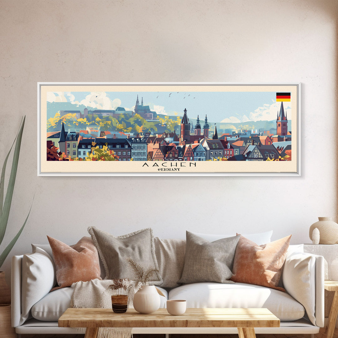 Aachen Germany  Panoramic Travel Poster, Framed Canvas Print or Metal Wall Art, Travel Art, Home Decor, Panoramic Painting, Midcentury Art