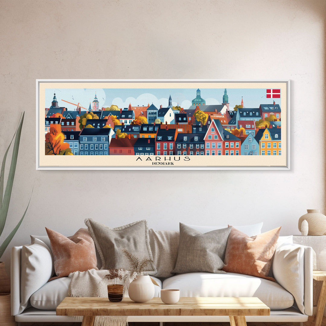 Aarhus Denmark  Panoramic Travel Poster, Framed Canvas Print or Metal Wall Art, Travel Art, Home Decor, Panoramic Painting, Midcentury Art