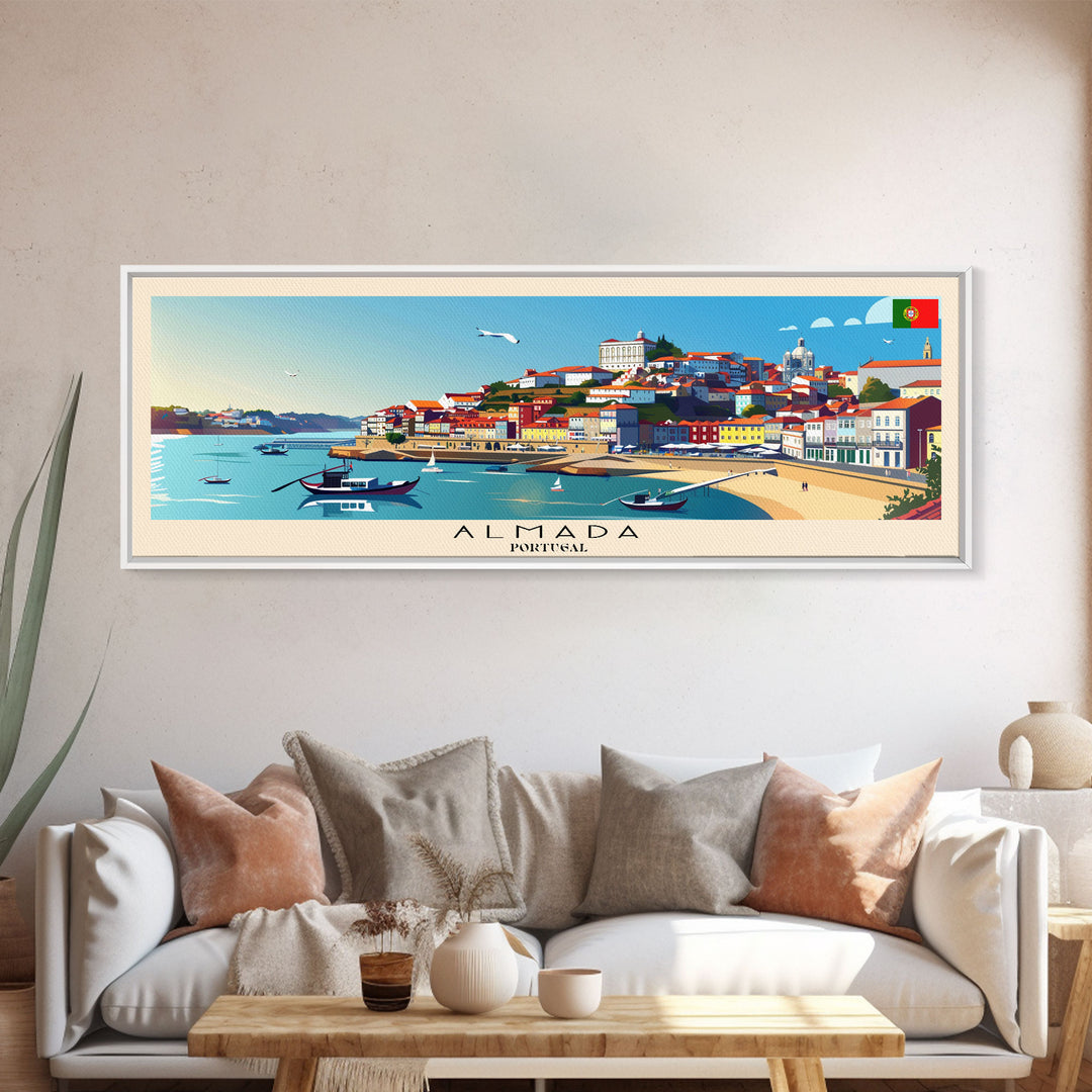 Almada  Portugal Travel Art, City Art, Framed Canvas Print or Metal Wall Art, Europe Travel Poster, Panoramic Wall Art, Extra Wide Wall Art