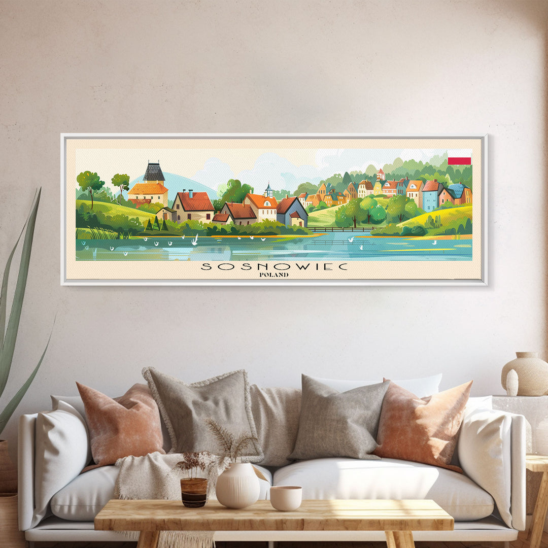 Sosnowiec Poland Panoramic Travel Poster, Framed Canvas Print or Metal Wall Art, Travel Art, Home Decor, Panoramic Painting, Midcentury Art