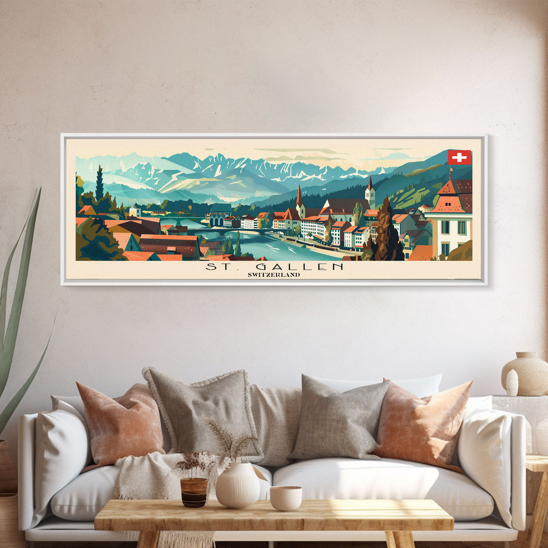 St. Gallen Switzerland Panoramic Travel Poster, Framed Canvas Print or Metal Wall Art, Travel Art, Home Decor, Panoramic Painting, Midcentury Art