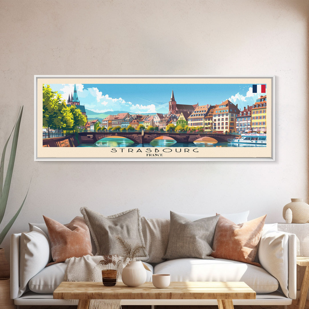 Strasbourg France Panoramic Travel Poster, Framed Canvas Print or Metal Wall Art, Travel Art, Home Decor, Panoramic Painting, Midcentury Art