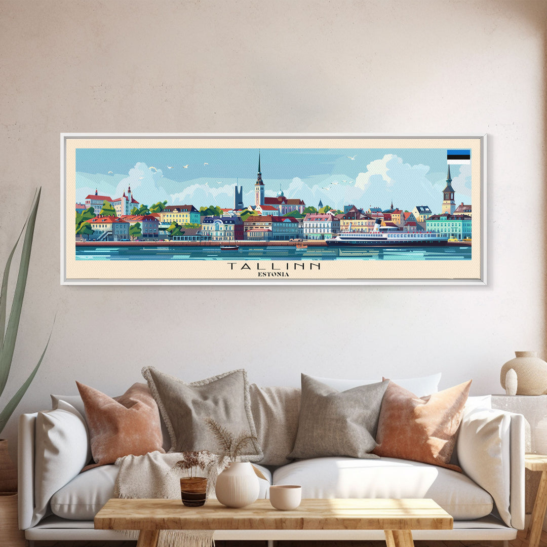 Tallinn Estonia Panoramic Travel Poster, Framed Canvas Print or Metal Wall Art, Travel Art, Home Decor, Panoramic Painting, Midcentury Art