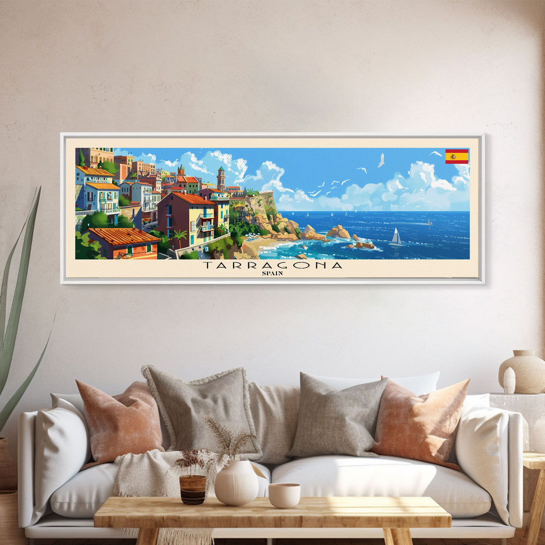 Tarragona Spain Panoramic Travel Poster, Framed Canvas Print or Metal Wall Art, Travel Art, Home Decor, Panoramic Painting, Midcentury Art