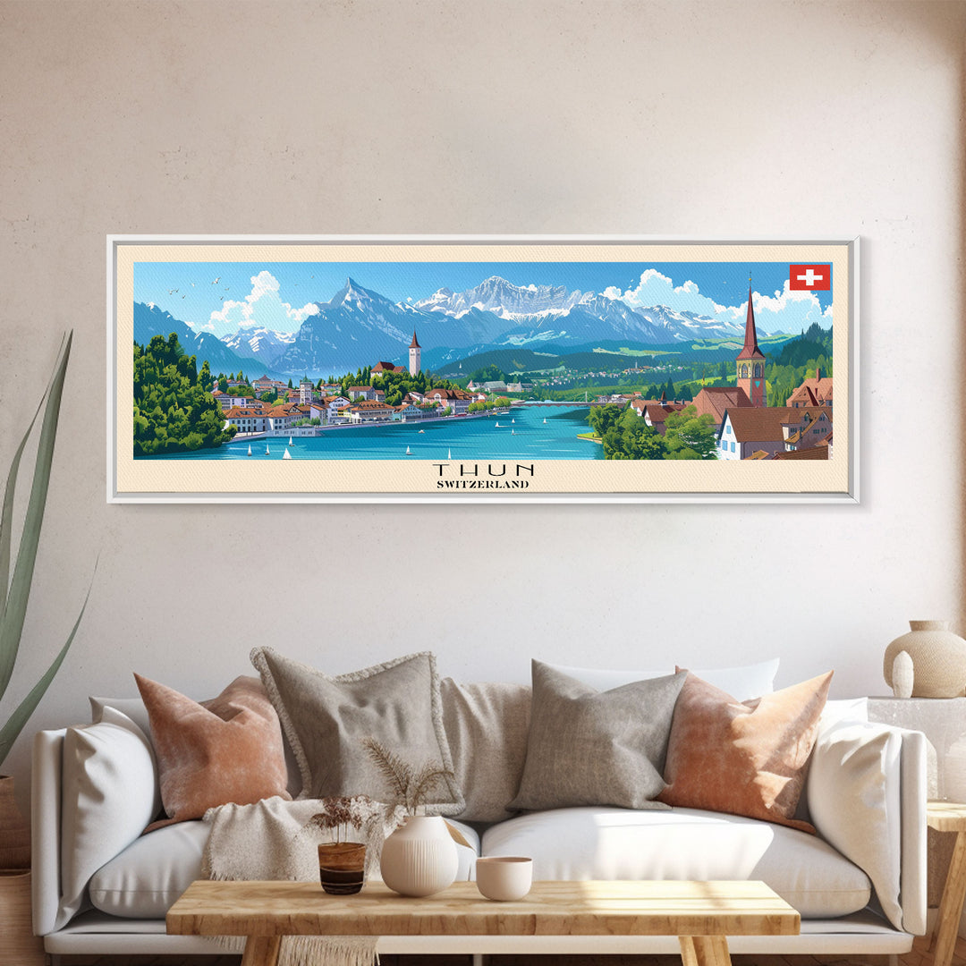 Thun Switzerland Panoramic Travel Poster, Framed Canvas Print or Metal Wall Art, Travel Art, Home Decor, Panoramic Painting, Midcentury Art