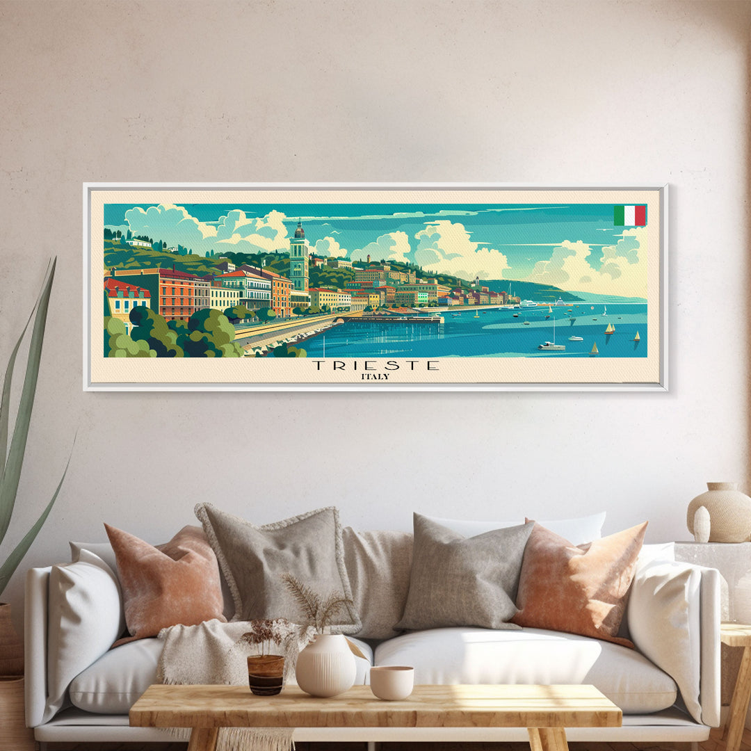 Trieste Italy Panoramic Travel Poster, Framed Canvas Print or Metal Wall Art, Travel Art, Home Decor, Panoramic Painting, Midcentury Art