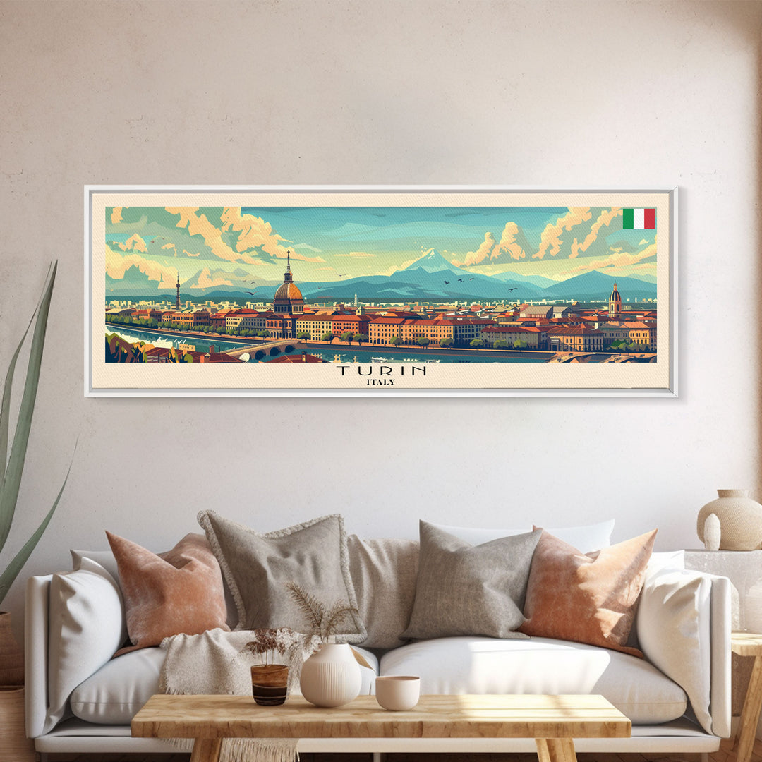 Turin Italy Panoramic Travel Poster, Framed Canvas Print or Metal Wall Art, Travel Art, Home Decor, Panoramic Painting, Midcentury Art