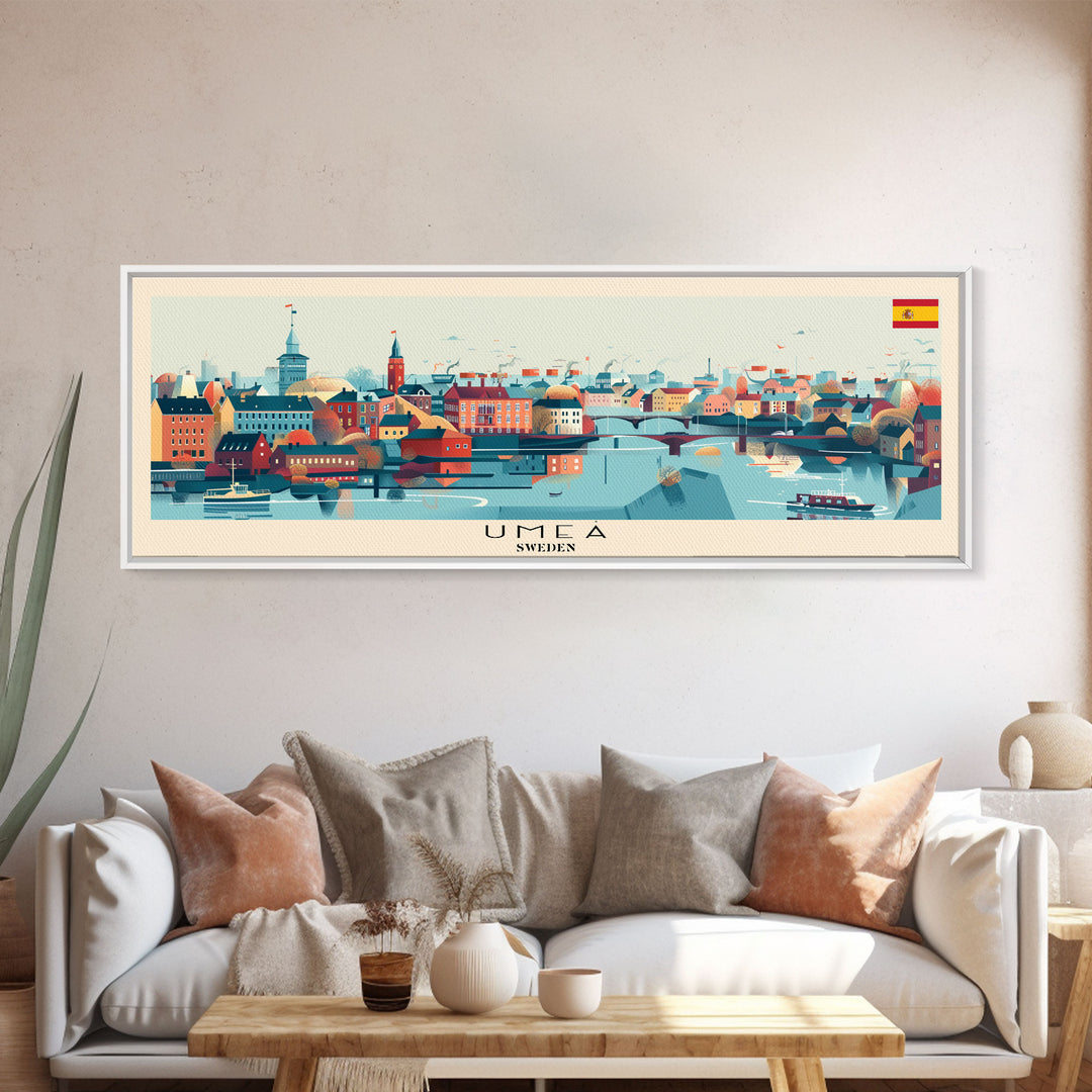 Ume Sweden Panoramic Travel Poster, Framed Canvas Print or Metal Wall Art, Travel Art, Home Decor, Panoramic Painting, Midcentury Art