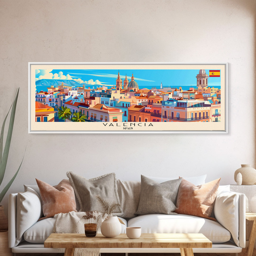 Valencia Spain Travel Art, City Art, Framed Canvas Print or Metal Wall Art, Europe Travel Poster, Panoramic Wall Art, Extra Wide Wall Art